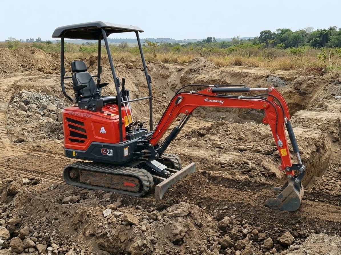 Mini escavadeira Hanomag laranja escavando uma vala em terreno de terra